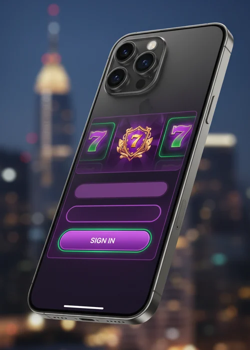 Secure 555 Casino login form on a smartphone, displaying email and password fields, with the casino logo prominently featured.